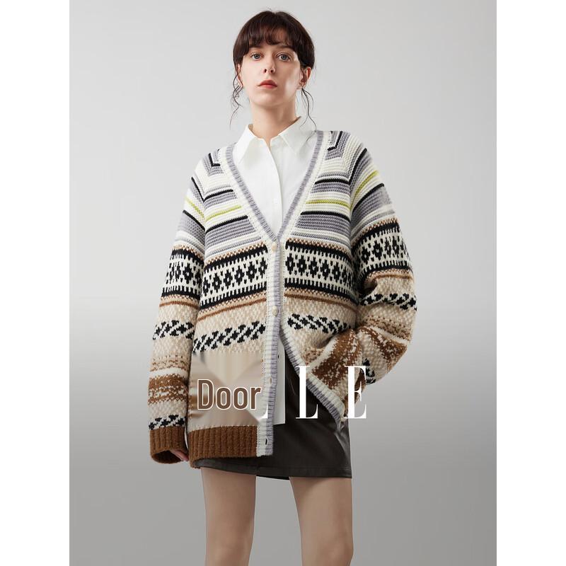 ELLE Women s Striped Merino Wool Blend Cardigan M