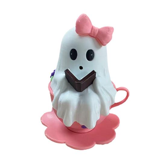 1/2Pcs Halloween Reading Ghost Figurine Pink Teacup Ghost Statue Resin Sculpture Home Office Holiday Party Desktop Decoration Ornament