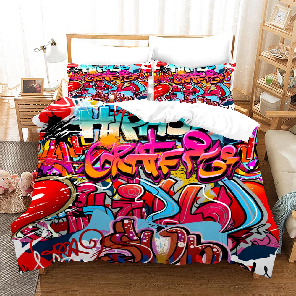 Cartoon Style Hip-hop Doodle 3D Printed Duvet Style Pillowcase Bedding Set Teenager Bedroom Decor Bed Set