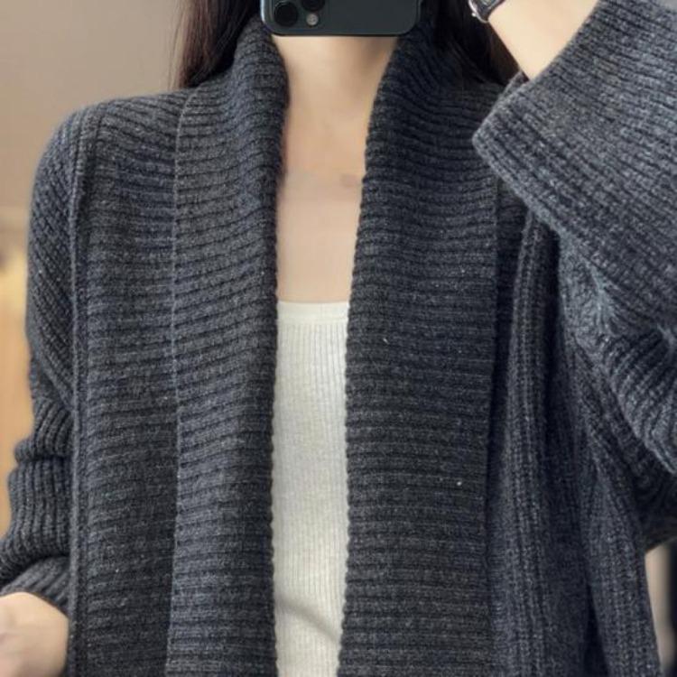 Loose Fit Mid Length Open Front Cardigan Sweater Coat for Women Lapel Long Sleeve Large Pockets Solid Color Outwear