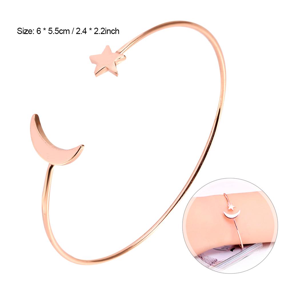 Female Open Bracelet Copper Plating Wristband Bangle with Moon Star Decoration (Gold)