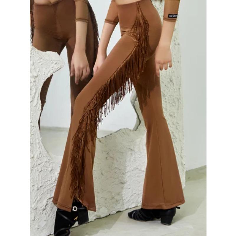 

Children Latin Dance Pants Girl National Standard Dance Tassel Pants Set Training Outfit Kid Performance Competition Costumes 170