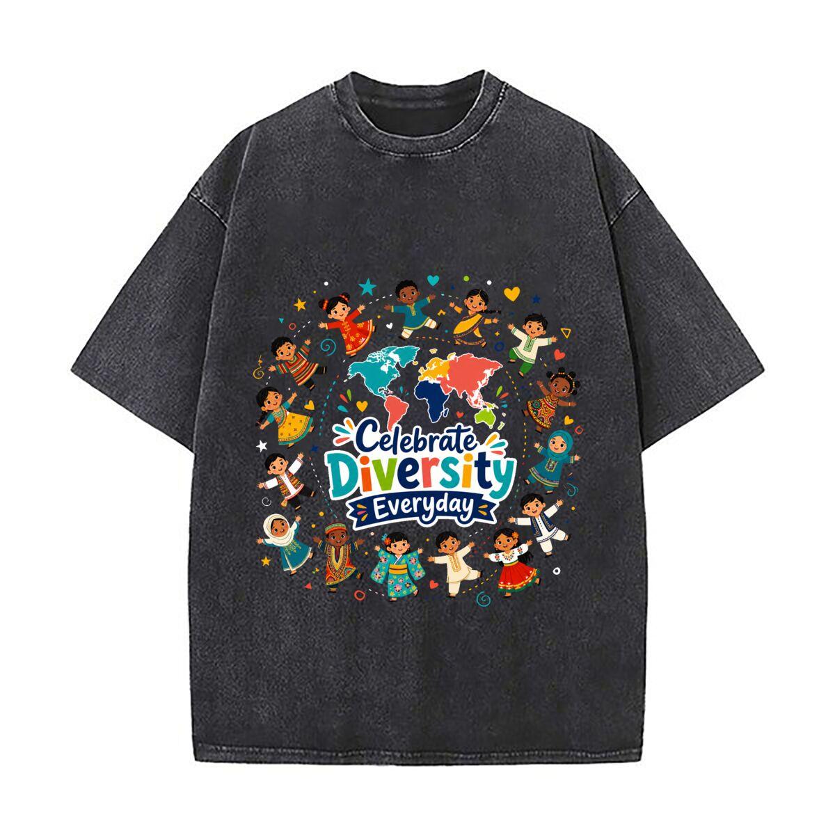 Celebrate Diversity Everyday Global Vintage Distressed Washed Cotton Short Sleeve Streetwear Outfit S