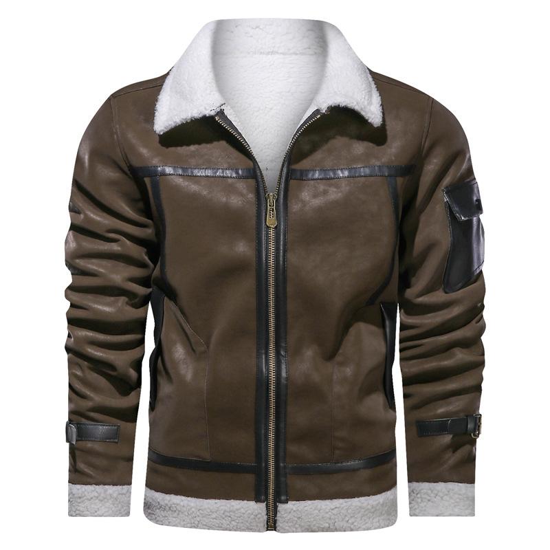 European and American Style Lapel-neck Fleece Leather Jacket, Men's Fur Integrated Large-size Leather Jacket