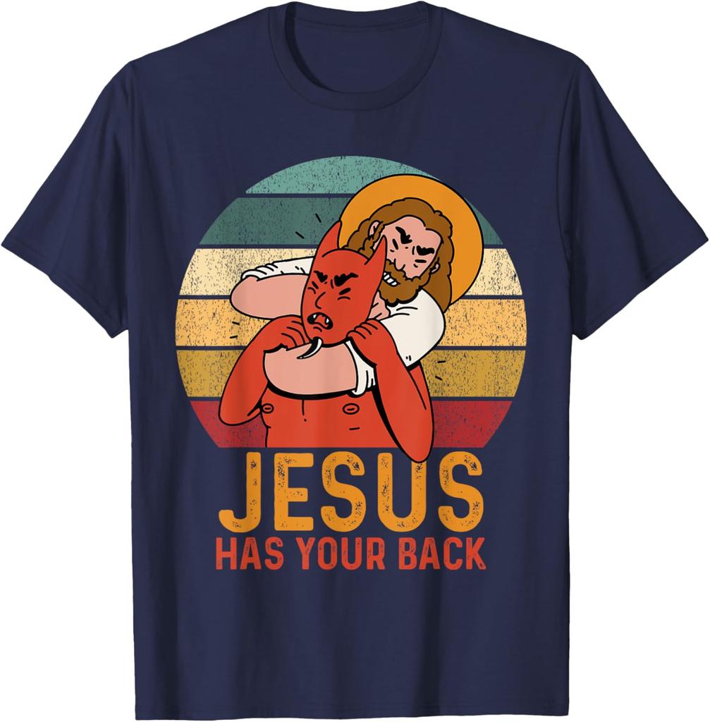 Jesus Has Your Back Fighting Devil Graphic T-Shirt Men's Casual Cotton Short Sleeve Top