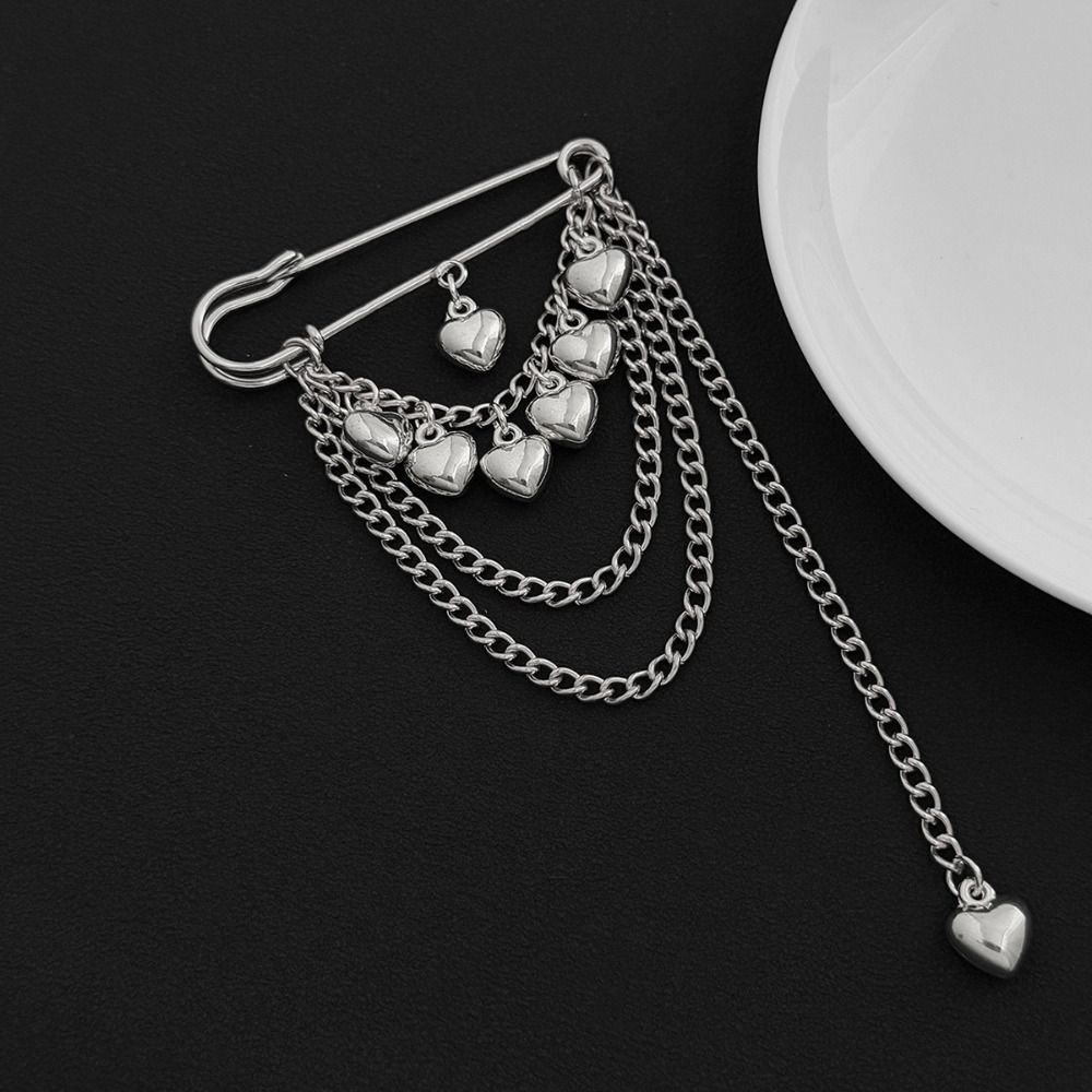 Iron Heart Brooch Pin Heart Shape Pendant Multi-Function Pin Fashion Chain Tassel Badge Daily