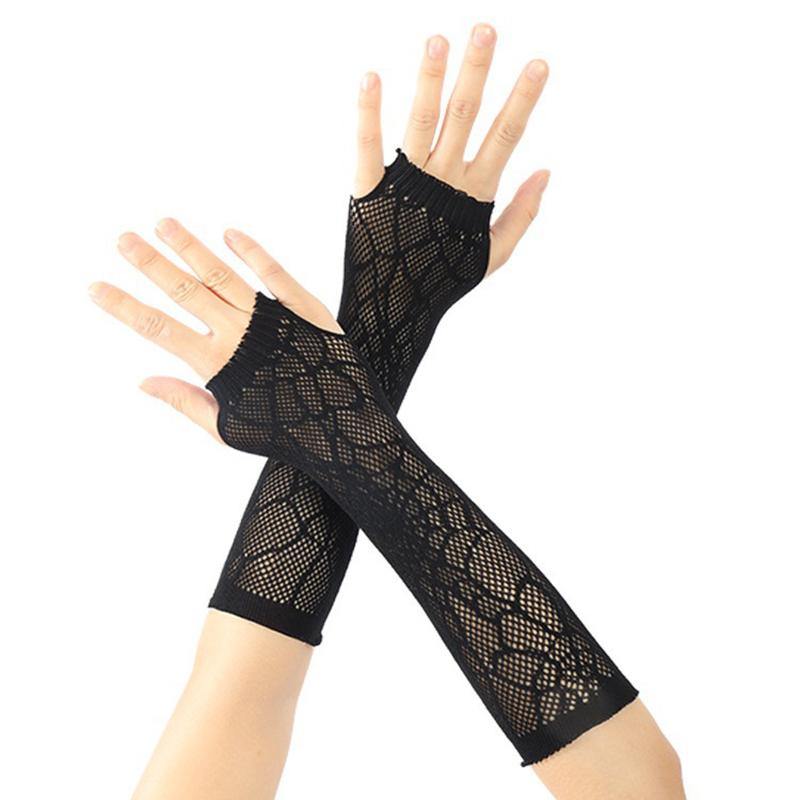 Black Sexy Fishing Net Hollow Out Fingerless Gloves Nightclub Party Performance Elastic Hollow Out Punk Long Arm Cover