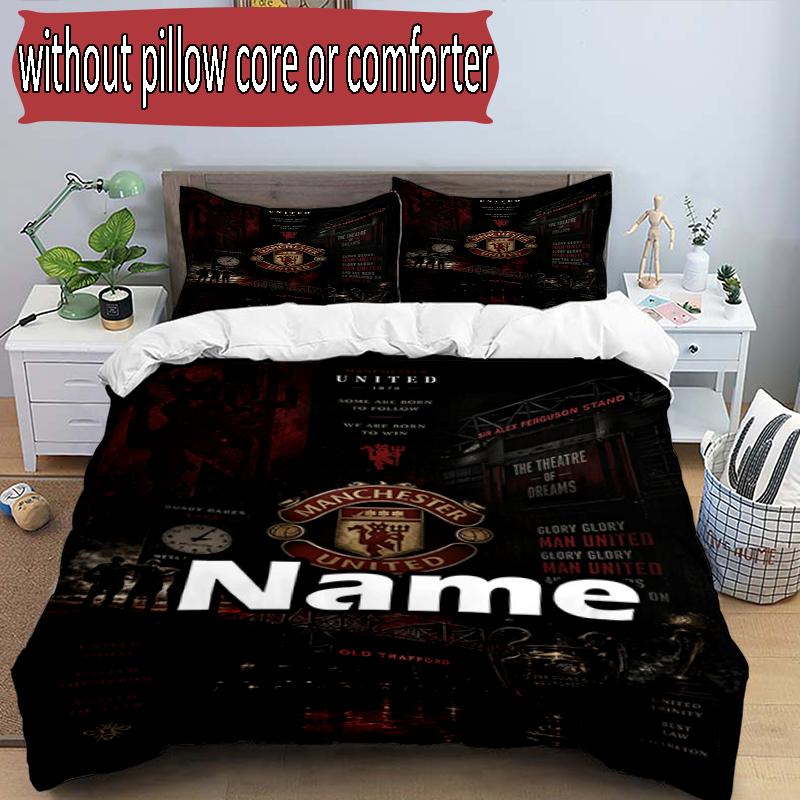 3pcs Duvet Cover Set (1*Duvet Cover + 2*Pillowcase, Without Core), Custom Name Manchester Football F.C Pattern Bedding Set, Home Bedroom Decor Gift