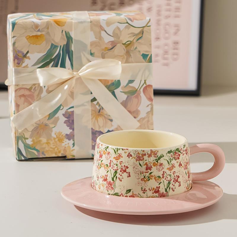 Coffee Cup Saucer Set Flower Afternoon Tea Ceramic High Value Mug Souvenir Ins Wind Oil Painting Retro Women