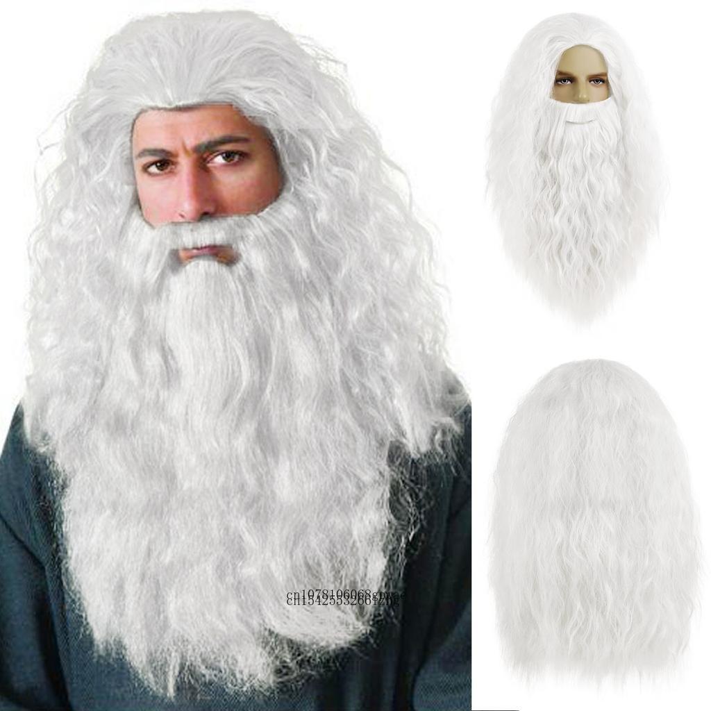 Dumbledore Cosplay Wig Synthetic Hair Halloween School Gandalf Wizard Costume Wig Man Albus Long Wave Grey Beard Wigs for Men