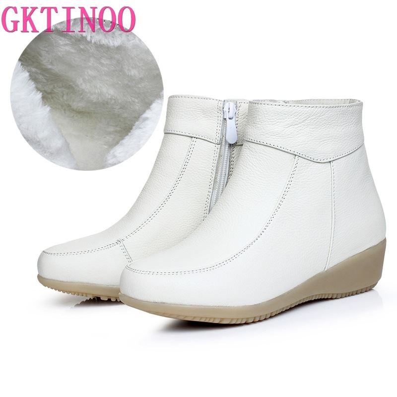 Fashion GKTINOO Genuine Leather Cow Women Ankle Boots Warm Fur Waterproof Slip on Wedge Comfortable Booties Autumn Winter Shoes Non Slip