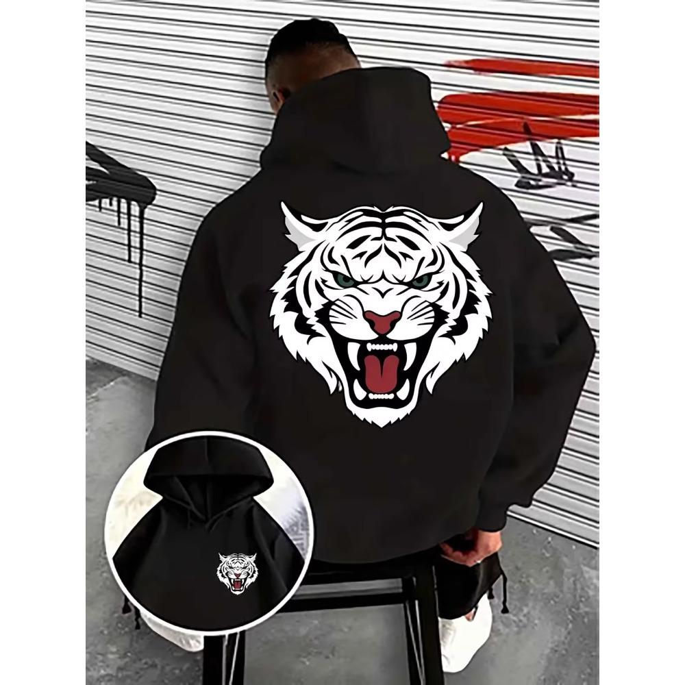 Herbst Winter Herren Kreatives Weißes Tigerkopf-Print Kapuzenpullover Locker Bequem Lässig Sport Langarm Kapuzenpullover