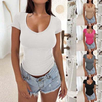 Γυναικεία Μόδα Άνοιξη Καλοκαίρι Casual Στενή Μόδα Κοντομάνικη Μπλούζα με V Κοντομάνικη