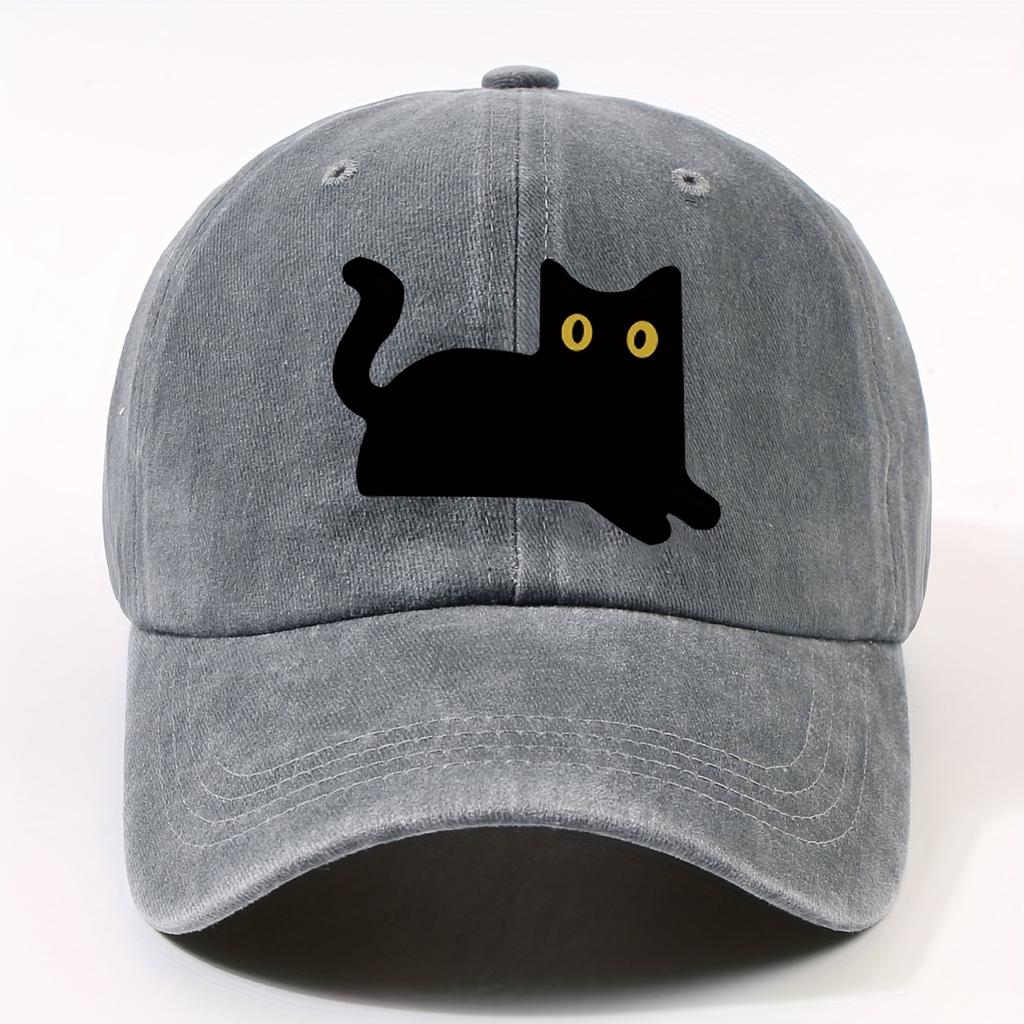 1 Fashionable Cartoon Cat Pattern Heat Transfer Trendy Washed Duckbill Cap Unisex Outdoor Street Party Adjustable Baseball Hat