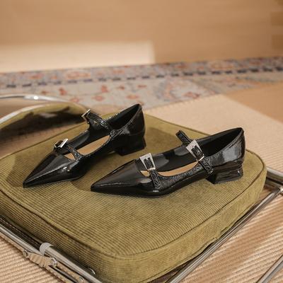 29818 [sheepskin] Flat Shoes Women's Thick Heel 2025 New Pointed One-word with Mary Jane Wrinkled Leather Shoes