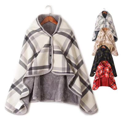 Wearable Plaid Fleece Blanket With Button Multifunction Warm Throw Blanket