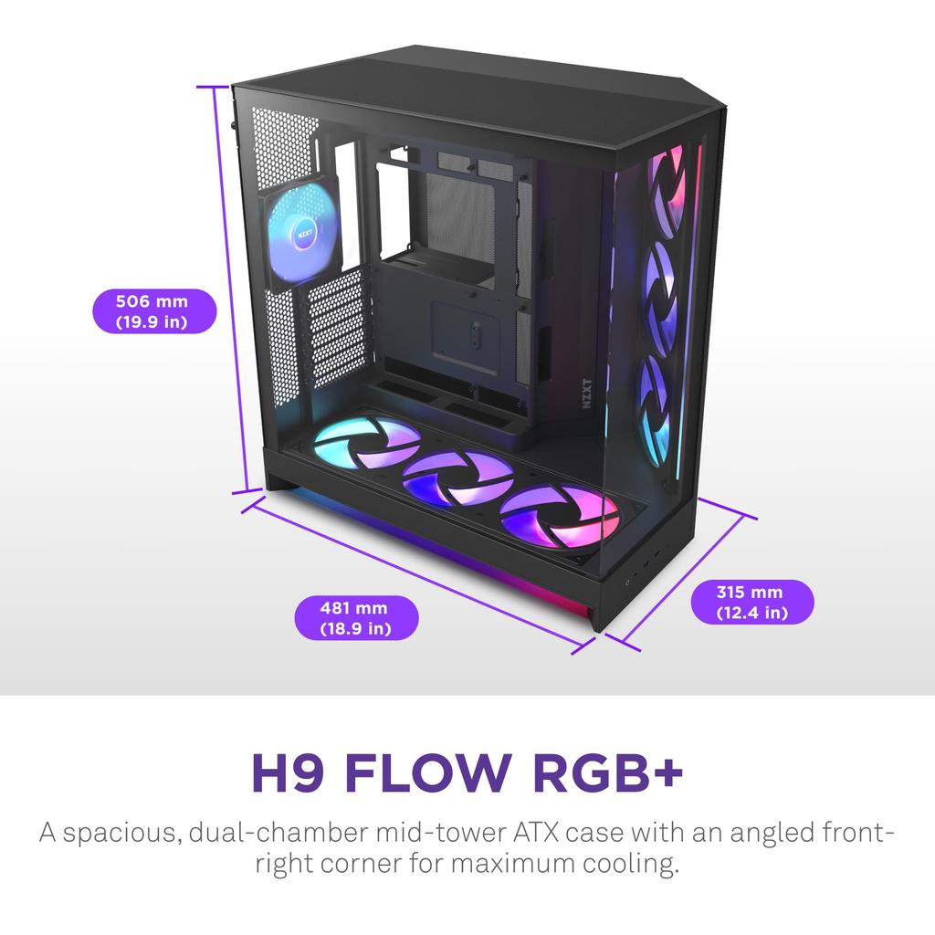 NZXT H9 Flow RGB Fan Control Hub PC CS9294 RGB+ (2025) Dual-Chamber & Mid-Tower Case, Black, CM-H92FB-P1,