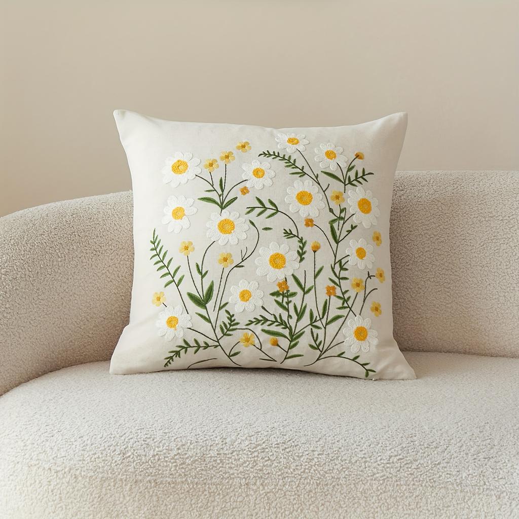 Double Sided Embroidered Daisy Pillow Cover Cute White Yellow Wildflower Print Soft Boho Throw Pillow Case for Spring Home Decor