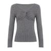 Women's European & American Style Grey Twist Slim-fit Pleated V-neck Long Sleeve Top