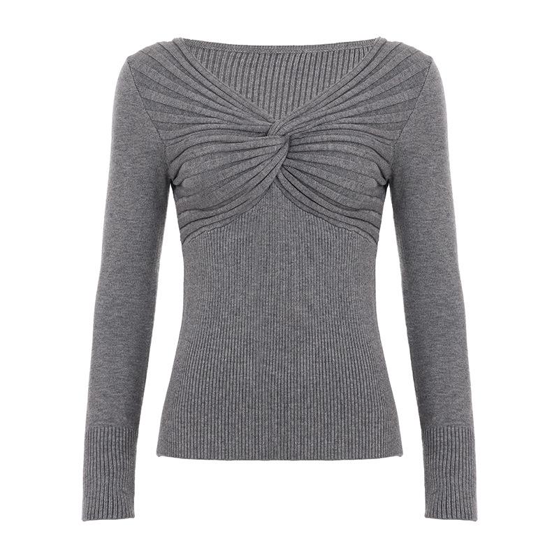 Women's European & American Style Grey Twist Slim-fit Pleated V-neck Long Sleeve Top