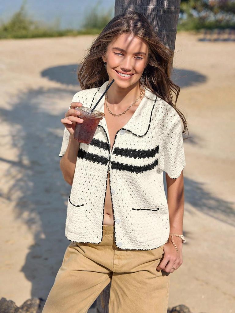 Women's Striped Crochet Knit Cardigan Short Sleeve Button Down Hollow Out Y2K Top