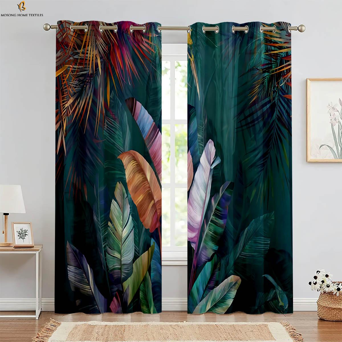 

Curtains Black Green Tropical Vegetation Turtle Leaf Print Bedroom Living Room Study Decorative Blackout Made Of Polyester Area Decor W100*H130(CM)-Rod Pocket&2PCS