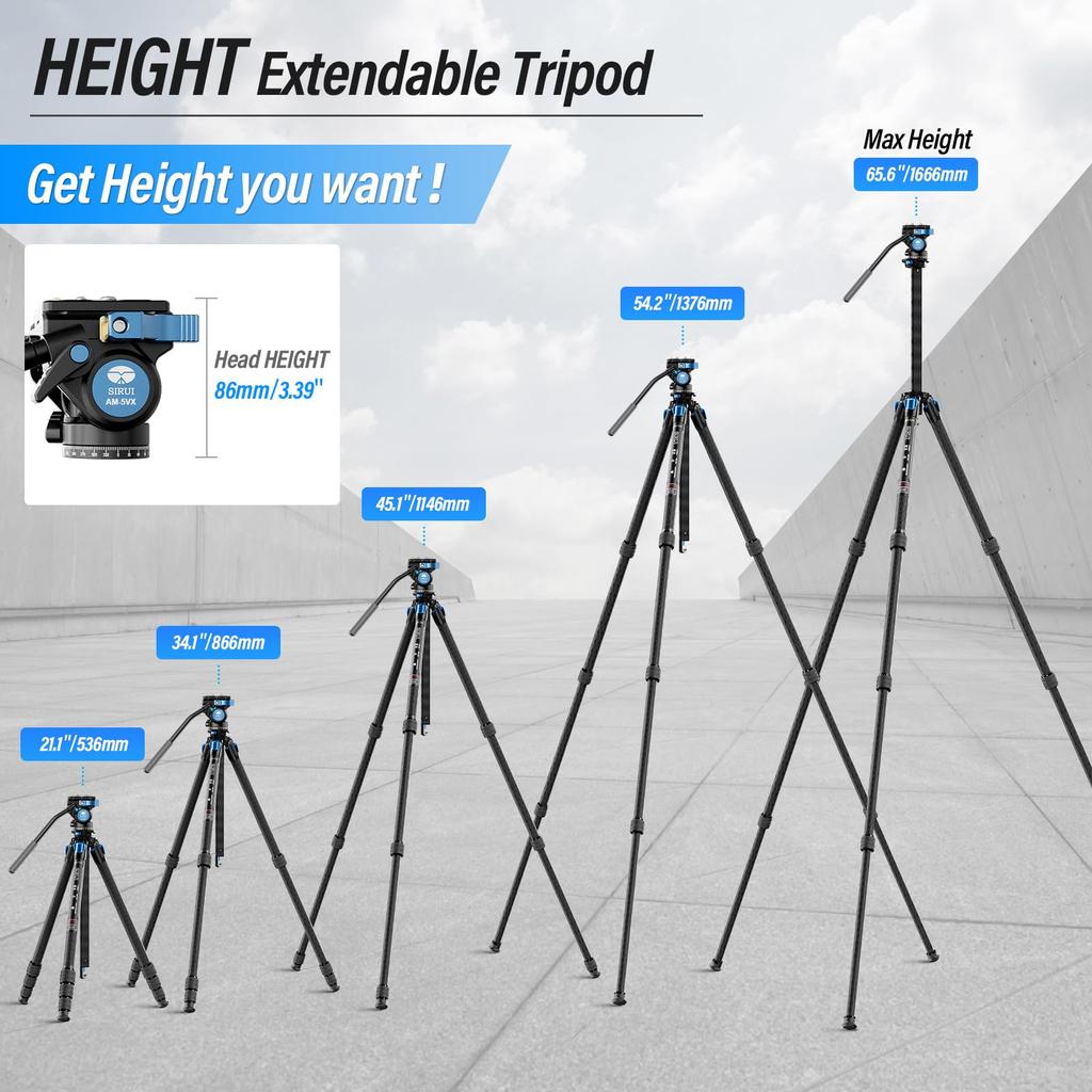 SIRUI AM124 Carbon Fiber Tripod with AM5V Video Compact Lightweight Travel Tripod for Triangular Center Load Capacity lbs Head, Cameras, DSLR, Column,