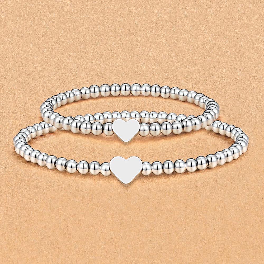 Silver Plated Heart Bead Elastic Bracelet - Unisex Jewelry