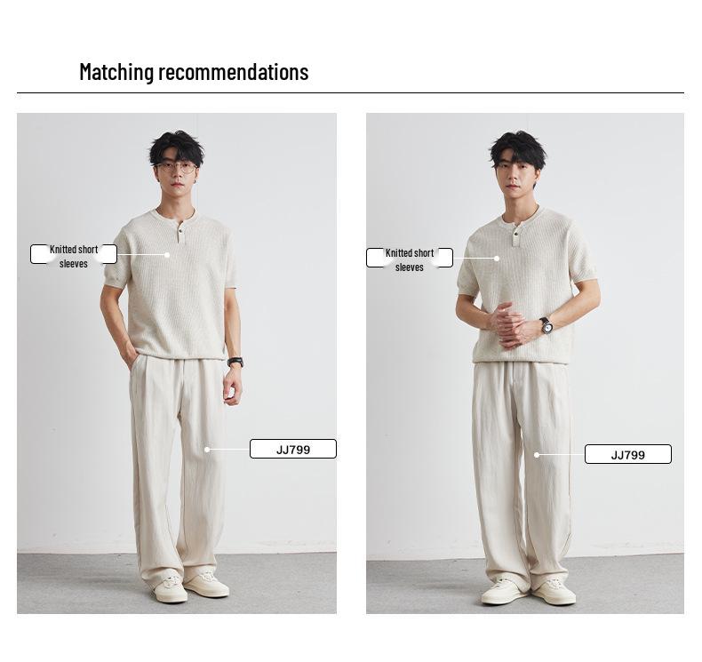 Męska letnia koszulka dzianinowa Henley z krótkim rękawem o kroju slim fit - Lekka, dojrzała, codzienna góra