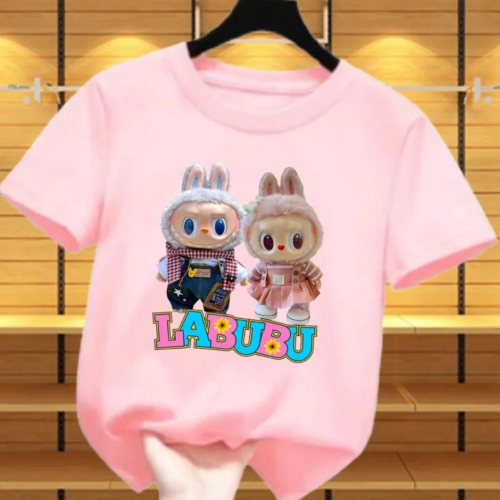 New Labubu Children's T-shirt Scarf LABUBU and Skirt LABUBU Pattern Girl Round Neck Short Sleeve Casual Versatile Clothing