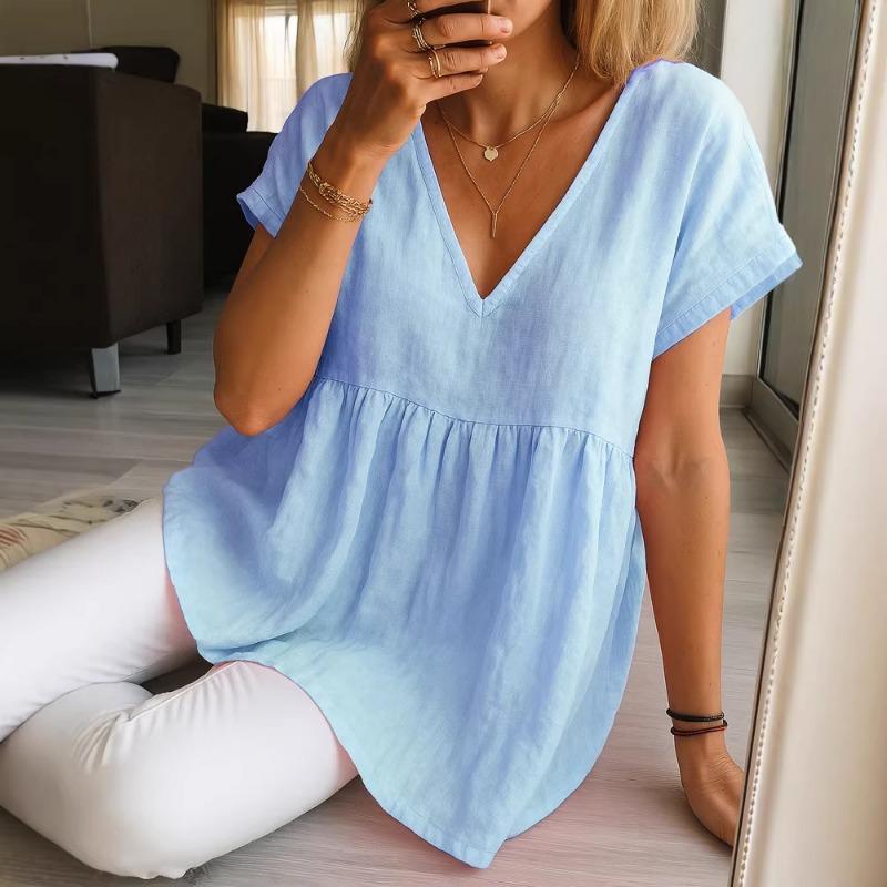 Summer new women's casual loose fashionable cotton and linen short-sleeved solid color V-neck pullover pleated top