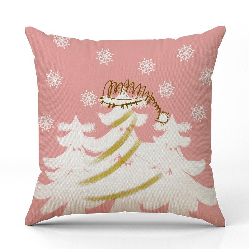 Neue Rosa Weihnachtsbaum Hirsch Weihnachts-Kissenhülle Leinen Bedruckte Kissenhülle Festliche Sofa-Dekoration Kissenbezug