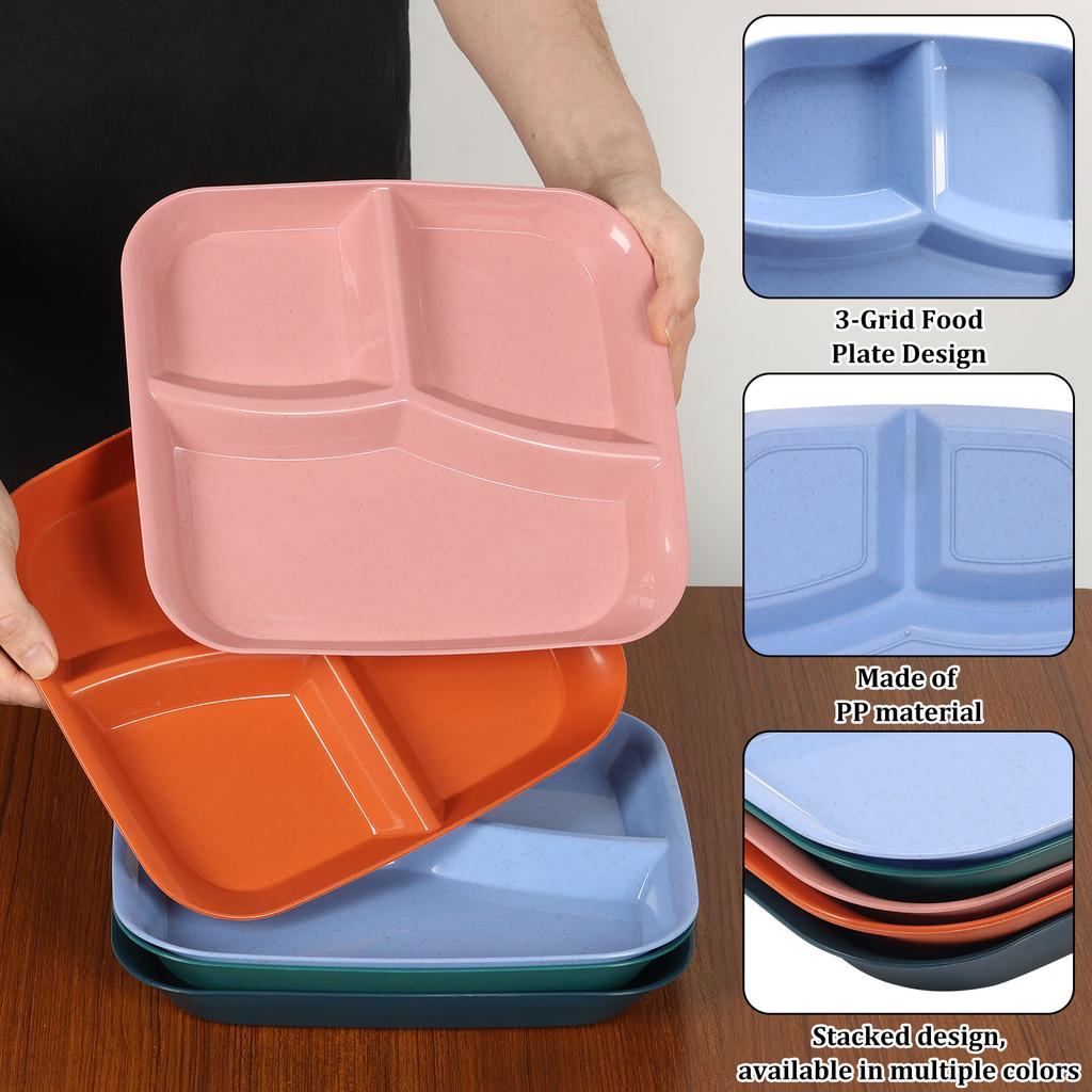 6/5Pcs Plastic Divided Plate Reusable Food Dinner Plate Stackable Canteen Lunch Tray for Kids and Adults Controlled Diet Plate