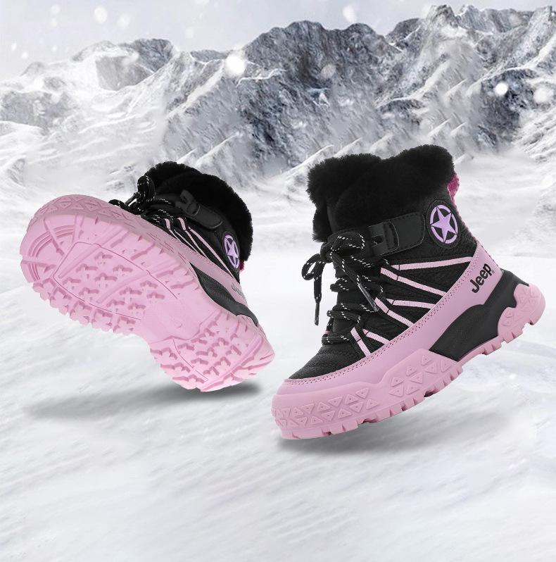JEEP Kids Waterproof Snow Boots 2025 Winter Velvet-Lined, Thickened Children's Cotton Shoes.