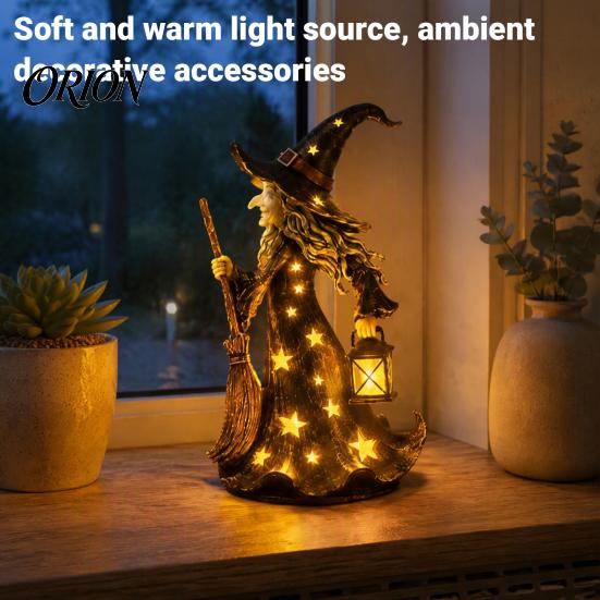 Halloween Party Props Witch Lamp, Light Up Figurine with Broom And Lantern, Gothic Resin Table Decor Spooky Night for Tabletop Indoor Home Mysterious