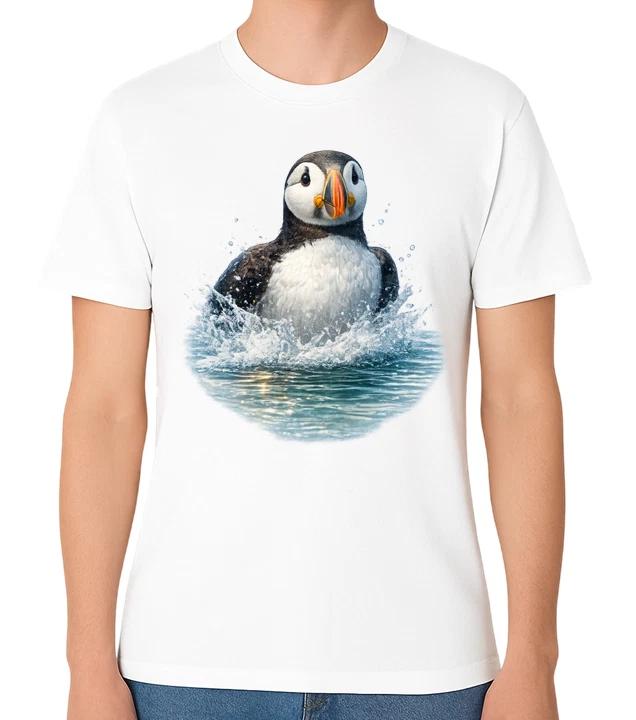 Puffin Splashing in Water T-Shirt Coastal Bird Lover Gift Unisex Tee XXXXL