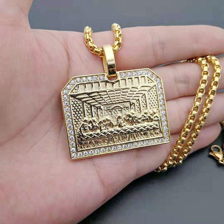 

Stainless Steel Last Supper Pendant Gold Color Iced Out Bling Zircon Round Necklace for Men Father s Day Gift Hip Hop Jewelry 60cm