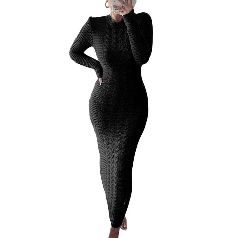 TIFICY Women's Fashion Casual Fall Winter Solid Color Print Long Sleeve O-Neck Woolen Knitwear Middle Waistline Casual Dresses