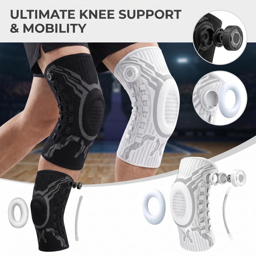 Verstelbare Lock Kniebrace voor Hardlopen en Basketbal met Veerondersteuning en Siliconen Pad Compressie Sleeve