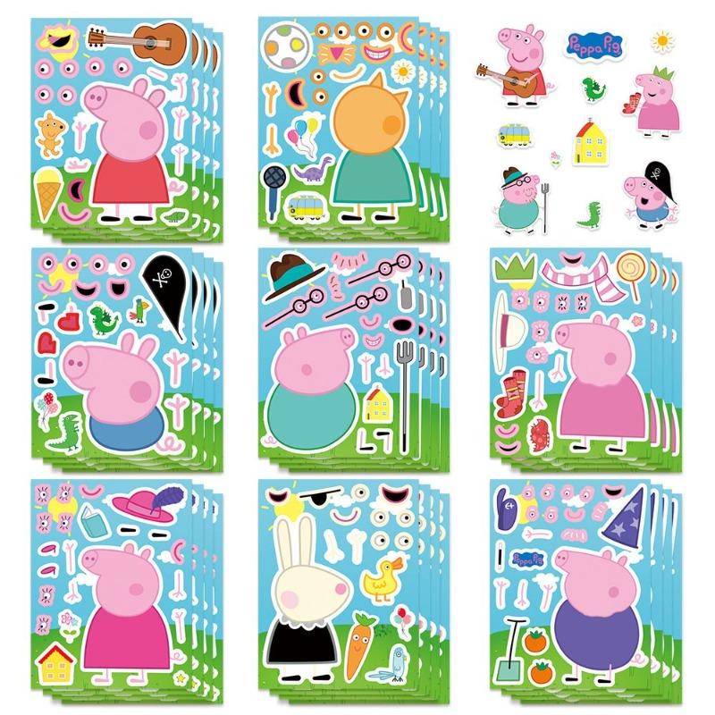 

16 Peppa Pig family assembly puzzle cartoon stickers, pink and blue parent-child educational toys, diy Kids companion gifts (As shown-3060)-