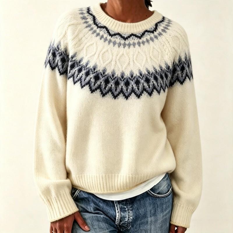 Womens Oversized Crewneck Knit Sweater With Fair Isle Colorblock Soft Acrylic Blend Loose Fit Winter