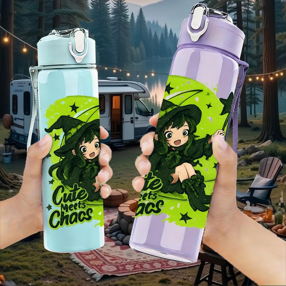 1PC Green Witch Girl Art Pattern 750ml Color Plastic Sports Water Bottle Leakproof Flip Straw Lid Suitable for Sports Office Home Use