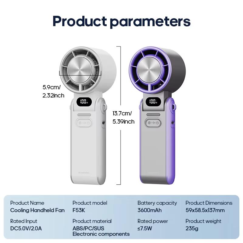 Mini ventilateur portable pliable d'extérieur, rechargeable, 3600 mAh, contrôle libre sur 100 niveaux, turbo haute vitesse