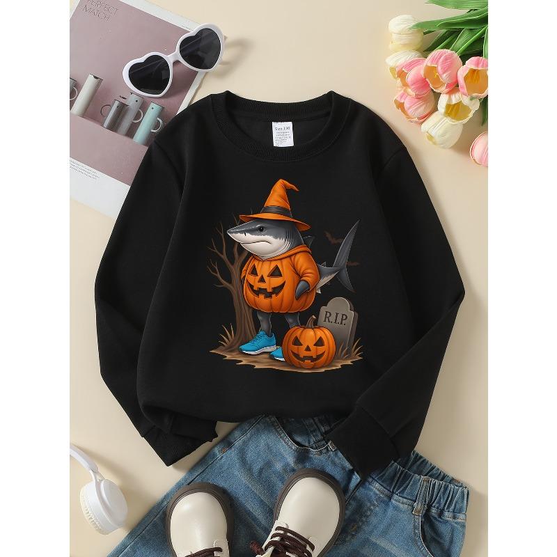 Girls' Halloween Long-Sleeve Sweatshirt, Round-Neck Fun Print Casual Top, Kids' Autumn Clothing, Suitable for Trick-Or-Treat Parties And Halloween