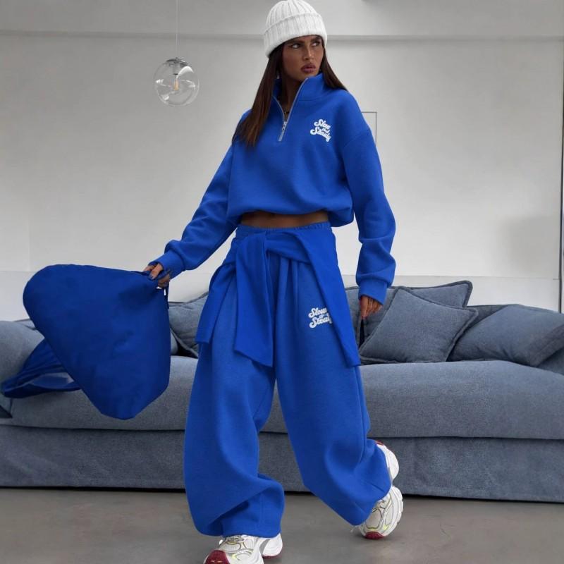Damen Vintage Sportlicher Halbreißverschluss Hoodie Gerade Hosen Schweißhosen Set Streetwear 2-teilig