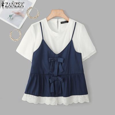 Women Summer Casual Round Neck Short Sleeve Patchwork T-Shirts