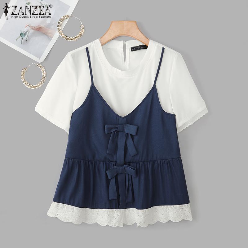 ZANZEA Women Summer Casual Round Neck Short Sleeve Patchwork T-Shirts