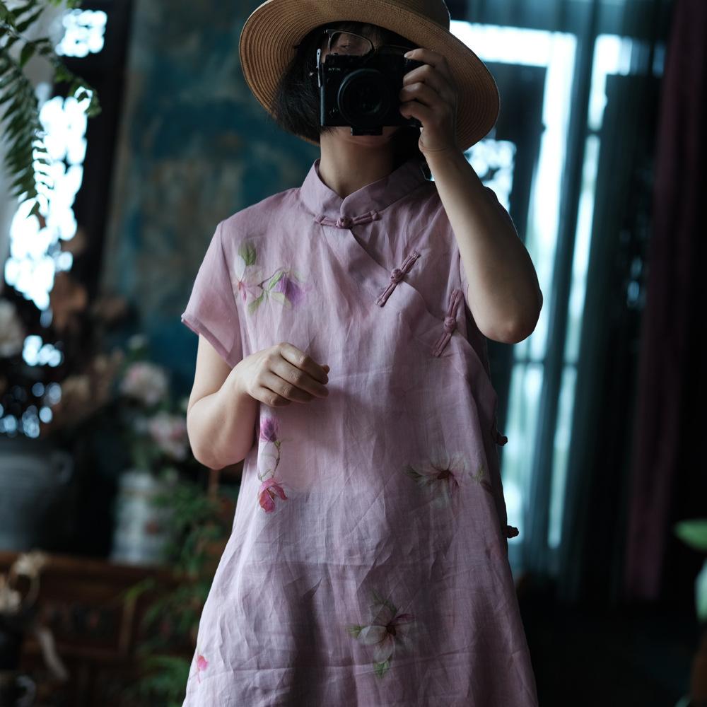 Johnature Women Vintage Print Floral Dress Stand Short Sleeve Summer Button A-Line Chinese Style Dress