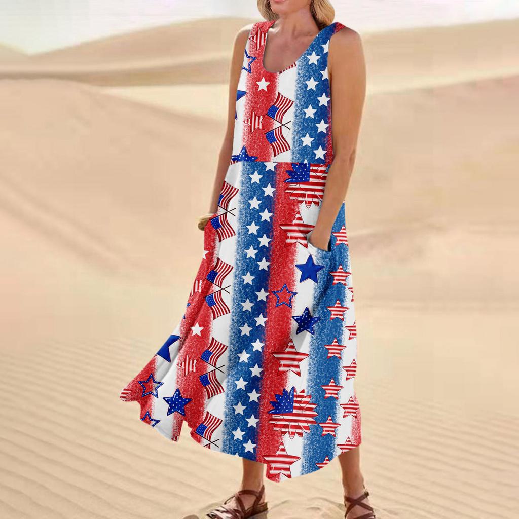 Women's Fashion Casual Independence Day Print Sleeveless Cotton Linen Pocket Dress