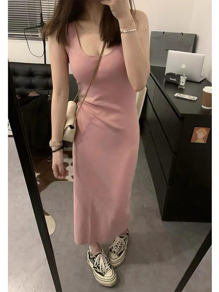 Summer New Women's Pink Tank Spaghetti Strap Dress, Sleeveless French Hip-hugging Long Dress for Tea Breaks